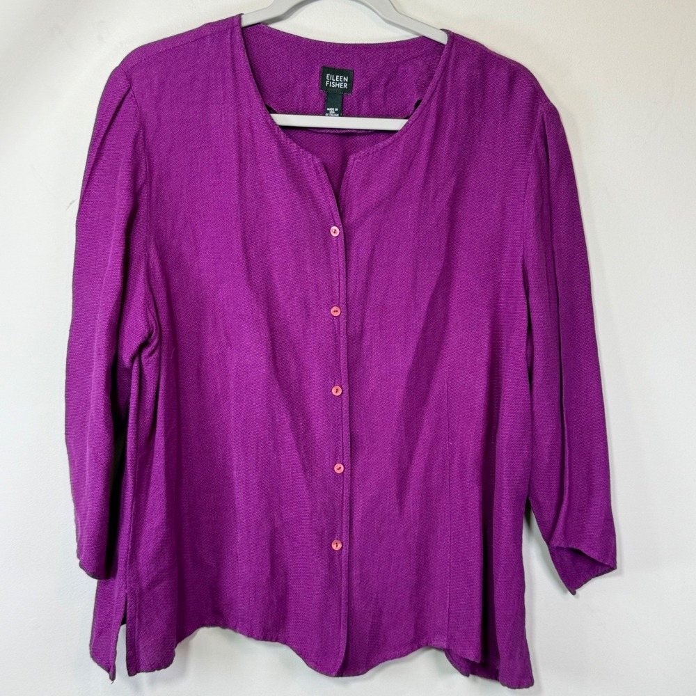 Eileen Fisher Button Top Women Large Purple Linen Blend Blouse Coastal Relaxed